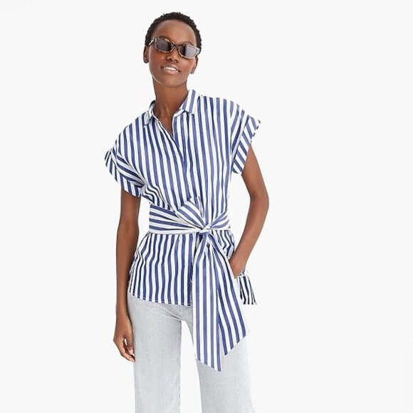 J.Crew Button Front Tie Waist Top in Bold Stripe Cotton Poplin sz S - Picture 2 of 12